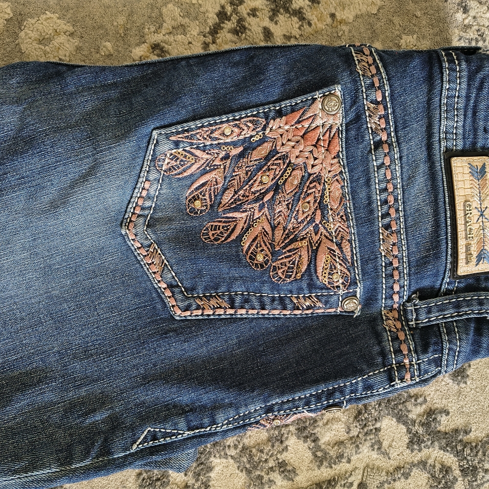 Grace Blue Denim Flare Jeans with Pink Embroidered Pocket